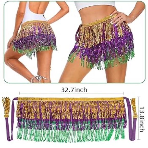 Sequin Mardi Gras Krewe Fringe Skirt in Purple & Gold & Green OS NWOT - Picture 7 of 7